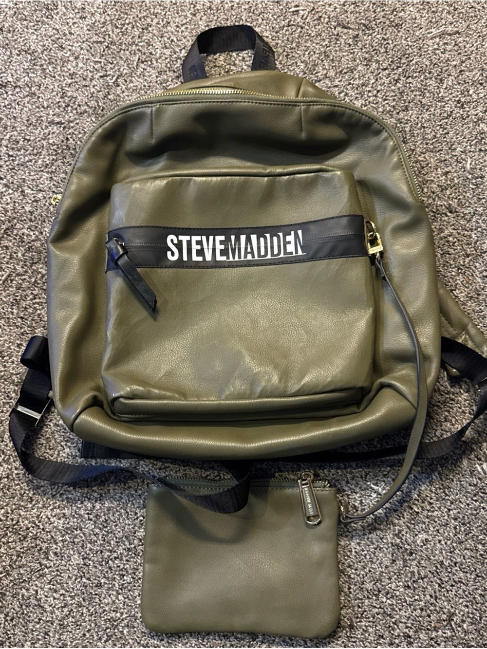 Steve Madden Olive Green w Gold Accents Backpack Matching Wristlet Cosmetic Bag